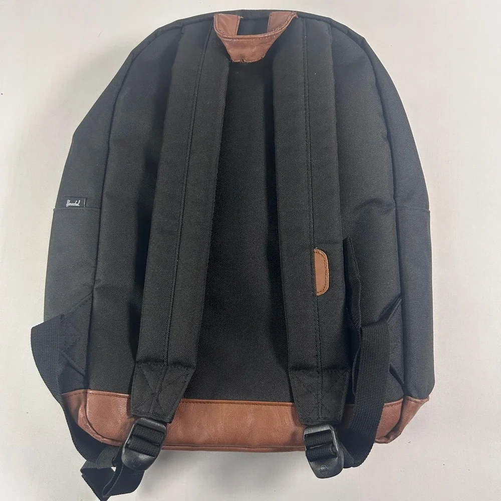 Herschel Heritage Backpack Mens Medium Black Tan Canvas Laptop Sleeve Travel